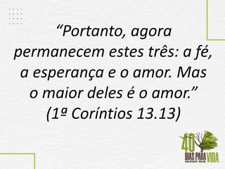 “Portanto, agora
permanecem estes três: a fé,
a esperança e o amor. Mas
o maior deles é o amor.”
(1ª Coríntios 13.13)
 