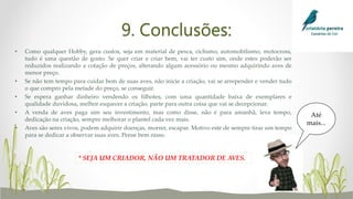 9. Conclusões:
• Como qualquer Hobby, gera custos, seja em material de pesca, ciclismo, automobilismo, motocross,
tudo é uma questão de gosto. Se quer criar e criar bem, vai ter custo sim, onde estes poderão ser
reduzidos realizando a cotação de preços, alterando algum acessório ou mesmo adquirindo aves de
menor preço.
• Se não tem tempo para cuidar bem de suas aves, não inicie a criação, vai se arrepender e vender tudo
o que compro pela metade do preço, se conseguir.
• Se espera ganhar dinheiro vendendo os filhotes, com uma quantidade baixa de exemplares e
qualidade duvidosa, melhor esquecer a criação, parte para outra coisa que vai se decepcionar.
• A venda de aves paga sim seu investimento, mas como disse, não é para amanhã, leva tempo,
dedicação na criação, sempre melhorar o plantel cada vez mais.
• Aves são seres vivos, podem adquirir doenças, morrer, escapar. Motivo este de sempre tirar um tempo
para se dedicar a observar suas aves. Pense bem nisso.
* SEJA UM CRIADOR, NÃO UM TRATADOR DE AVES.
Até
mais...
 