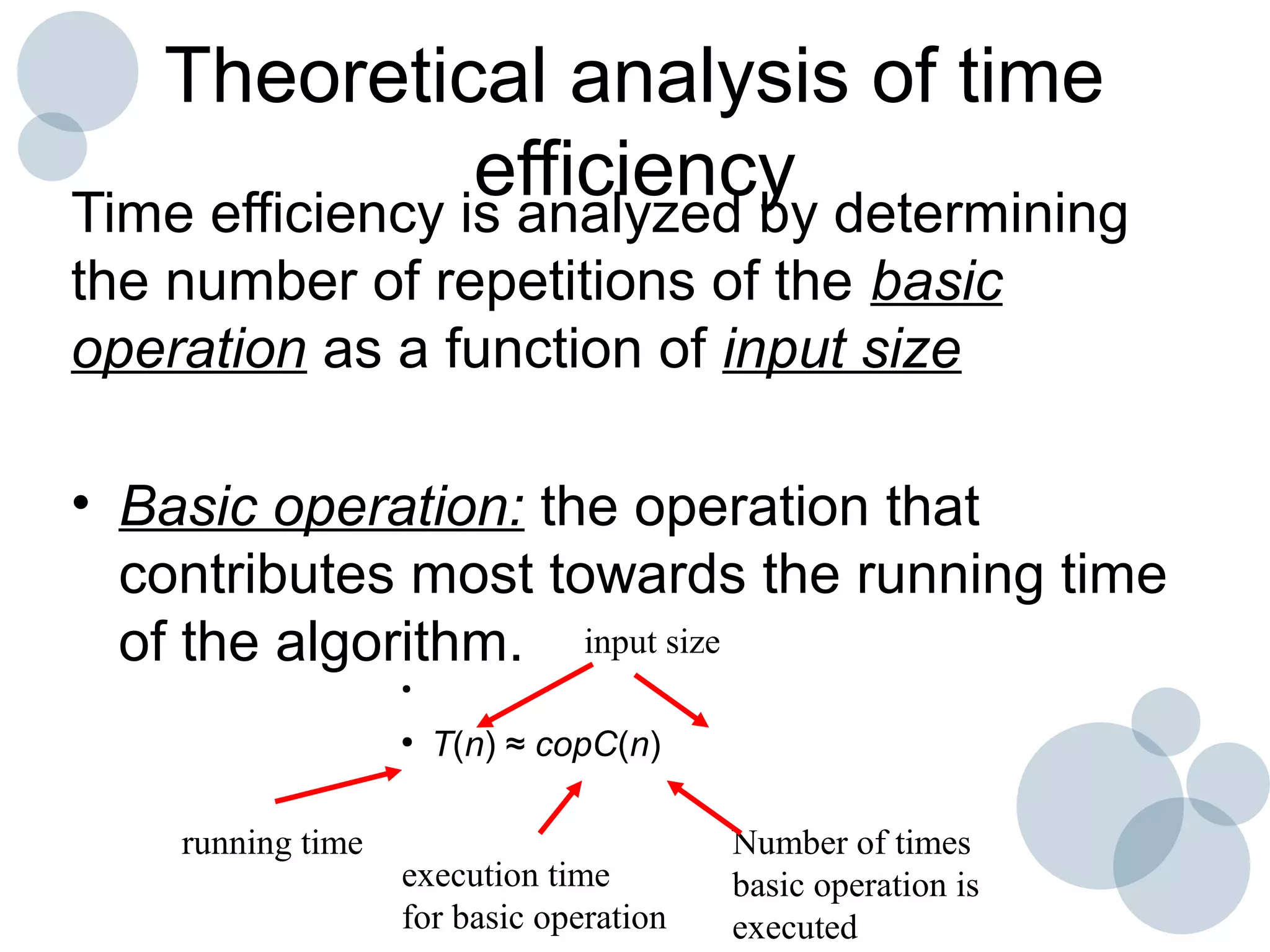 Theoretical analysis of time
efficiencyTime efficiency is analyzed by determining
the number of repetitions of the basic
operation as a function of input size
• Basic operation: the operation that
contributes most towards the running time
of the algorithm.
●
●
T(n) ≈ copC(n)
running time
execution time
for basic operation
Number of times
basic operation is
executed
input size
 