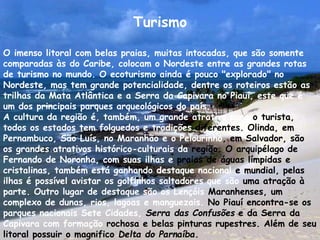 Turismo 
O imenso litoral com belas praias, muitas intocadas, que são somente 
comparadas às do Caribe, colocam o Nordeste entre as grandes rotas 
de turismo no mundo. O ecoturismo ainda é pouco "explorado" no 
Nordeste, mas tem grande potencialidade, dentre os roteiros estão as 
trilhas da Mata Atlântica e a Serra da Capivara no Piauí, este que é 
um dos principais parques arqueológicos do país. 
A cultura da região é, também, um grande atrativo para o turista, 
todos os estados tem folguedos e tradições diferentes. Olinda, em 
Pernambuco, São Luís, no Maranhão e o Pelourinho, em Salvador, são 
os grandes atrativos histórico-culturais da região. O arquipélago de 
Fernando de Noronha, com suas ilhas e praias de águas límpidas e 
cristalinas, também está ganhando destaque nacional e mundial, pelas 
ilhas é possível avistar os golfinhos saltadores que são uma atração à 
parte. Outro lugar de destaque são os Lençóis Maranhenses, um 
complexo de dunas, rios, lagoas e manguezais. No Piauí encontra-se os 
parques nacionais Sete Cidades, Serra das Confusões e da Serra da 
Capivara com formação rochosa e belas pinturas rupestres. Além de seu 
litoral possuir o magnifico Delta do Parnaíba. 
 