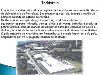 Indústria 
É mais forte e diversificada em regiões metropolitanas como a do Recife, a 
de Salvador e a de Fortaleza. Excetuando as capitais, tem-se a região de 
Campina Grande no estado da Paraíba. 
Destaca-se a produção de aços especiais, produtos eletrônicos, 
equipamentos para irrigação, barcos, chips, softwares, baterias e produtos 
petroquímicos, além de marcas de etiquetas famosas, calçados de couro e 
de lona, tecidos de todos os tipos e sal marinho e indústria automobilística. 
O polo gesseiro de Araripina, em Pernambuco, é o mais importante do país, 
responsável por 95% do gesso consumido no Brasil. 
 