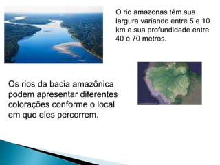 O rio amazonas têm sua 
largura variando entre 5 e 10 
km e sua profundidade entre 
40 e 70 metros. 
Os rios da bacia amazônica 
podem apresentar diferentes 
colorações conforme o local 
em que eles percorrem. 
 