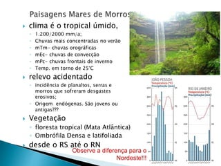  clima é o tropical úmido, 
◦ 1.200/2000 mm/a; 
◦ Chuvas mais concentradas no verão 
◦ mTm- chuvas orográficas 
◦ mEc- chuvas de convecção 
◦ mPc- chuvas frontais de inverno 
◦ Temp. em torno de 25°C 
 relevo acidentado 
◦ incidência de planaltos, serras e 
morros que sofreram desgastes 
erosivos; 
◦ Origem endógenas. São jovens ou 
antigas??? 
 Vegetação 
◦ floresta tropical (Mata Atlântica) 
◦ Ombrófila Densa e latifoliada 
 desde o RS até o RN 
Observe a diferença para o 
Nordeste!!! 
 