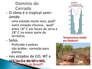  O clima é o tropical semi-úmido 
◦ uma estação muito seca, qual? 
◦ outra estação chuvosa , qual? 
◦ entre 18º C em locais de serra e 
28º C na maior parte do 
território. 
 Solos 
◦ Profundo e pobres 
◦ são ácidos- correção para 
plantio 
 nos estados de GO, MT e 
MS, oeste de SP e MG; 
Temperatura média 
em Goiânia? 
Obs. É o domínio mais 
ameaçado do Brasil!!! 
 