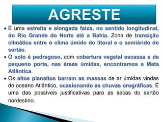  É uma estreita e alongada faixa, no sentido longitudinal, 
do Rio Grande do Norte até a Bahia. Zona de transição 
climática entre o clima úmido do litoral e o semiárido do 
sertão. 
 O solo é pedregoso, com cobertura vegetal escassa e de 
pequeno porte, nas áreas úmidas, encontramos a Mata 
Atlântica. 
 Os altos planaltos barram as massas de ar úmidas vindas 
do oceano Atlântico, ocasionando as chuvas orográficas. É 
uma das possíveis justificativas para as secas do sertão 
nordestino. 
 