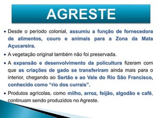 Desde o período colonial, assumiu a função de fornecedora 
de alimentos, couro e animais para a Zona da Mata 
Açucareira. 
 A vegetação original também não foi preservada. 
 A expansão e desenvolvimento da policultura fizeram com 
que as criações de gado se transferiram ainda mais para o 
interior, chegando ao Sertão e ao Vale do Rio São Francisco, 
conhecido como “rio dos currais”. 
 Produtos agrícolas, como milho, arroz, feijão, algodão e café, 
continuam sendo produzidos no Agreste. 
 