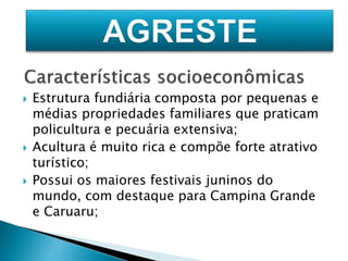  Estrutura fundiária composta por pequenas e 
médias propriedades familiares que praticam 
policultura e pecuária extensiva; 
 Acultura é muito rica e compõe forte atrativo 
turístico; 
 Possui os maiores festivais juninos do 
mundo, com destaque para Campina Grande 
e Caruaru; 
 