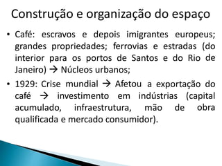 Construção e organização do espaço 
• Café: escravos e depois imigrantes europeus; 
grandes propriedades; ferrovias e estradas (do 
interior para os portos de Santos e do Rio de 
Janeiro)  Núcleos urbanos; 
• 1929: Crise mundial  Afetou a exportação do 
café  investimento em indústrias (capital 
acumulado, infraestrutura, mão de obra 
qualificada e mercado consumidor). 
 