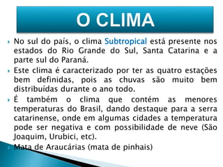  No sul do país, o clima Subtropical está presente nos 
estados do Rio Grande do Sul, Santa Catarina e a 
parte sul do Paraná. 
 Este clima é caracterizado por ter as quatro estações 
bem definidas, pois as chuvas são muito bem 
distribuídas durante o ano todo. 
 É também o clima que contém as menores 
temperaturas do Brasil, dando destaque para a serra 
catarinense, onde em algumas cidades a temperatura 
pode ser negativa e com possibilidade de neve (São 
Joaquim, Urubici, etc). 
 Mata de Araucárias (mata de pinhais) 
 