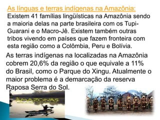 As línguas e terras indígenas na Amazônia: 
Existem 41 famílias lingüísticas na Amazônia sendo 
a maioria delas na parte brasileira com os Tupi- 
Guarani e o Macro-Jê. Existem também outras 
tribos vivendo em países que fazem fronteira com 
esta região como a Colômbia, Peru e Bolívia. 
As terras indígenas na localizadas na Amazônia 
cobrem 20,6% da região o que equivale a 11% 
do Brasil, como o Parque do Xingu. Atualmente o 
maior problema é a demarcação da reserva 
Raposa Serra do Sol. 
 