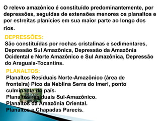 O relevo amazônico é constituído predominantemente, por 
depressões, seguidas de extensões menores os planaltos e 
por estreitas planícies em sua maior parte ao longo dos 
rios. 
DEPRESSÕES: 
São constituídas por rochas cristalinas e sedimentares, 
Depressão Sul Amazônica, Depressão da Amazônia 
Ocidental e Norte Amazônico e Sul Amazônica, Depressão 
do Araguaia-Tocantins. 
PLANALTOS: 
Planaltos Residuais Norte-Amazônico (área de 
fronteira) Pico da Neblina Serra do Imeri, ponto 
culminante do país. 
Planaltos residuais Sul-Amazônico. 
Planaltos da Amazônia Oriental. 
Planaltos e Chapadas Parecis. 
 