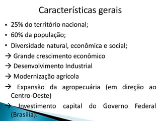 Características gerais 
25% do território nacional; 
60% da população; 
• 
• 
• Diversidade natural, econômica e social; 
 
Grande crescimento econômico 
Desenvolvimento Industrial 
Modernização agrícola 
Expansão da agropecuária (em direção ao 
Centro-Oeste) 
 
 
 
 Investimento capital do Governo Federal 
(Brasília). 
 