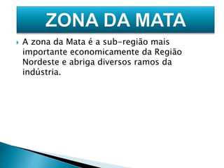  A zona da Mata é a sub-região mais 
importante economicamente da Região 
Nordeste e abriga diversos ramos da 
indústria. 
 