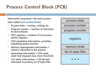 Process Control Block (PCB)
Information associated with each process
(also called task control block)
 Process state – running, waiting, etc
 Program counter – location of instruction
to next execute
 CPU registers – contents of all process-
centric registers
 CPU scheduling information- priorities,
scheduling queue pointers
 Memory-management information –
memory allocated to the process
 Accounting information – CPU used,
clock time elapsed since start, time limits
 I/O status information – I/O devices
allocated to process, list of open files
 