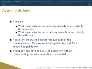 Introduction to cryptography Transport Layer Security X509 certiﬁcates Certiﬁcate Authorities with OpenSSL Revoca
Public key cryptography
Asymmetric keys
Principle
What is encrypted by the public key can only be decrypted by
the private key
What is encrypted by the private key can only be decrypted by
the public key
Public key are shared between the two ends of the
communication. Bob knows Alice’s public key and Alice
knows Bob public key.
Everybody can have and use the public key without
compromising the communication conﬁdentiality
www.opensourceschool.fr – Licence Creative Commons (CC BY-SA 3.0 FR) – 9/59
 