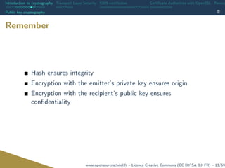 Introduction to cryptography Transport Layer Security X509 certiﬁcates Certiﬁcate Authorities with OpenSSL Revoca
Public key cryptography
Remember
Hash ensures integrity
Encryption with the emitter’s private key ensures origin
Encryption with the recipient’s public key ensures
conﬁdentiality
www.opensourceschool.fr – Licence Creative Commons (CC BY-SA 3.0 FR) – 13/59
 