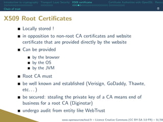 Introduction to cryptography Transport Layer Security X509 certiﬁcates Certiﬁcate Authorities with OpenSSL Revoca
Chain of trust
X509 Root Certiﬁcates
Locally stored !
in opposition to non-root CA certiﬁcates and website
certiﬁcate that are provided directly by the website
Can be provided
by the browser
by the OS
by the JVM
Root CA must
be well known and established (Verisign, GoDaddy, Thawte,
etc. . . )
be secured: stealing the private key of a CA means end of
business for a root CA (Diginotar)
undergo audit from entity like WebTrust
www.opensourceschool.fr – Licence Creative Commons (CC BY-SA 3.0 FR) – 31/59
 