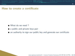 Introduction to cryptography Transport Layer Security X509 certiﬁcates Certiﬁcate Authorities with OpenSSL Revoca
Practice
How to create a certiﬁcate
What do we need ?
a public and private keys pair
an authority to sign our public key and generate our certiﬁcate
www.opensourceschool.fr – Licence Creative Commons (CC BY-SA 3.0 FR) – 38/59
 