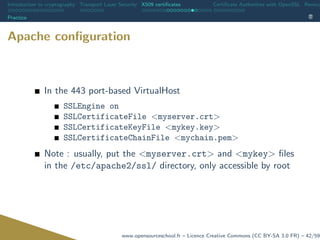 Introduction to cryptography Transport Layer Security X509 certiﬁcates Certiﬁcate Authorities with OpenSSL Revoca
Practice
Apache conﬁguration
In the 443 port-based VirtualHost
SSLEngine on
SSLCertificateFile <myserver.crt>
SSLCertificateKeyFile <mykey.key>
SSLCertificateChainFile <mychain.pem>
Note : usually, put the <myserver.crt> and <mykey> ﬁles
in the /etc/apache2/ssl/ directory, only accessible by root
www.opensourceschool.fr – Licence Creative Commons (CC BY-SA 3.0 FR) – 42/59
 