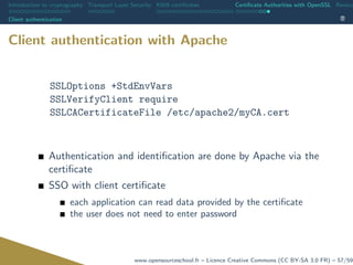 Introduction to cryptography Transport Layer Security X509 certiﬁcates Certiﬁcate Authorities with OpenSSL Revoca
Client authentication
Client authentication with Apache
SSLOptions +StdEnvVars
SSLVerifyClient require
SSLCACertificateFile /etc/apache2/myCA.cert
Authentication and identiﬁcation are done by Apache via the
certiﬁcate
SSO with client certiﬁcate
each application can read data provided by the certiﬁcate
the user does not need to enter password
www.opensourceschool.fr – Licence Creative Commons (CC BY-SA 3.0 FR) – 57/59
 