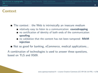 Introduction to cryptography Transport Layer Security X509 certiﬁcates Certiﬁcate Authorities with OpenSSL Revoca
Context
Context
The context : the Web is intrinsically an insecure medium
relatively easy to listen to a communication: eavesdropping
no certiﬁcation of identity of both ends of the communication:
spooﬁng
no validation that the content has not been tampered: MitM
injection
Not so good for banking, eCommerce, medical applications...
A combination of technologies is used to answer these questions,
based on TLS and X509.
www.opensourceschool.fr – Licence Creative Commons (CC BY-SA 3.0 FR) – 4/59
 