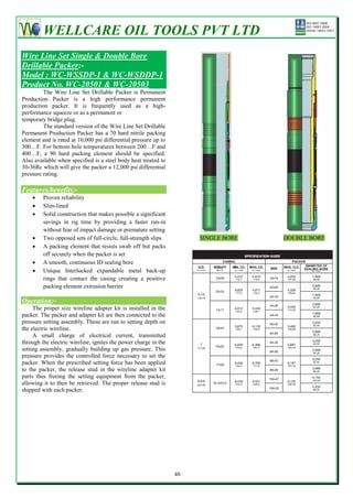 WELLCARE OIL TOOLS PVT LTD
Wire Line Set Single & Double Bore
Drillable Packer:-
Model : WC-WSSDP-1 & WC-WSDDP-1
Product No. WC-20501 & WC-20503
         The Wire Line Set Drillable Packer is Permanent
Production Packer is a high performance permanent
production packer. It is frequently used as a high-
performance squeeze or as a permanent or
temporary bridge plug.
         The standard version of the Wire Line Set Drillable
Permanent Production Packer has a 70 hard nitrile packing
element and is rated at 10,000 psi differential pressure up to
300…F. For bottom hole temperatures between 200…F and
400…F, a 90 hard packing element should be specified.
Also available when specified is a steel body heat treated to
30-36Rc which will give the packer a 12,000 psi differential
pressure rating.

Features/benefits:-
        Proven reliability
        Slim-lined
        Solid construction that makes possible a significant
         savings in rig time by providing a faster run-in
         without fear of impact damage or premature setting
        Two opposed sets of full-circle, full-strength slips         SINGLE BORE   DOUBLE BORE
        A packing element that resists swab off but packs
         off securely when the packer is set
        A smooth, continuous ID sealing bore
        Unique Interlocked expandable metal back-up
         rings that contact the casing creating a positive
         packing element extrusion barrier

Operation:-
     The proper size wireline adapter kit is installed in the
packer. The packer and adapter kit are then connected to the
pressure setting assembly. These are run to setting depth on
the electric wireline.
     A small charge of electrical current, transmitted
through the electric wireline, ignites the power charge in the
setting assembly, gradually building up gas pressure. This
pressure provides the controlled force necessary to set the
packer. When the prescribed setting force has been applied
to the packer, the release stud in the wireline adapter kit
parts thus freeing the setting equipment from the packer,
allowing it to then be retrieved. The proper release stud is
shipped with each packer.




                                                                 48
 