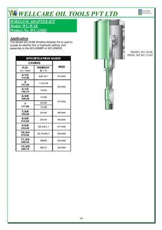 WELLCARE OIL TOOLS PVT LTD
WIRELINE ADAPTER KIT
Model: WC-WAK
Product No. WC-21602

Application
The Model WC-WAK Wireline Adapter Kit is used to
couple an electric line or hydraulic setting, tool
assembly to the WC-WMBP or WC-WMCR.
                                                            MODEL:WC-WAK
                                                          PROD. NO.WC-21602




                                                     99
 