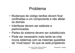 Problema
•  Mudanças de código tardias devem ficar
   confinadas a um componente e não afetar
   os demais
•  Interfaces devem ser estáveis e
   padronizadas
•  Partes do sistema devem ser substituíveis
•  Pode ser necessário mais tarde se criar
   novos sistemas com as mesmas questões
   de “nível baixo” do que se está projetando
7              Livro Texto: Pattern Oriented Software   Eduardo N. F. Zagari
                      Architecture - Buschmann
 