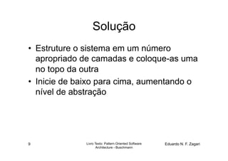 Solução
•  Estruture o sistema em um número
   apropriado de camadas e coloque-as uma
   no topo da outra
•  Inicie de baixo para cima, aumentando o
   nível de abstração




9             Livro Texto: Pattern Oriented Software   Eduardo N. F. Zagari
                     Architecture - Buschmann
 