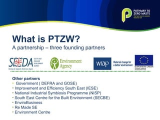 What is PTZW? A partnership – three founding partners Other partners Government ( DEFRA and GOSE) Improvement and Efficiency South East (IESE) National Industrial Symbiosis Programme (NISP) South East Centre for the Built Environment (SECBE) EnviroBusiness Re Made SE Environment Centre 