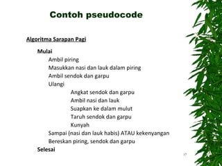 Algoritma Sarapan Pagi
Mulai
Ambil piring
Masukkan nasi dan lauk dalam piring
Ambil sendok dan garpu
Ulangi
Angkat sendok dan garpu
Ambil nasi dan lauk
Suapkan ke dalam mulut
Taruh sendok dan garpu
Kunyah
Sampai (nasi dan lauk habis) ATAU kekenyangan
Bereskan piring, sendok dan garpu
Selesai
17
Contoh pseudocode
 