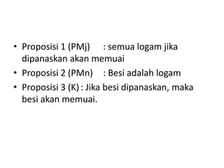 • Proposisi 1 (PMj) : semua logam jika
dipanaskan akan memuai
• Proposisi 2 (PMn) : Besi adalah logam
• Proposisi 3 (K) : Jika besi dipanaskan, maka
besi akan memuai.
 