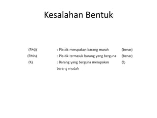 Kesalahan Bentuk
(PMj) : Plastik merupakan barang murah (benar)
(PMn) : Plastik termasuk barang yang berguna (benar)
(K) : Barang yang berguna merupakan
barang mudah
(?)
 
