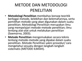 METODE DAN METODOLOGI
PENELITIAN
• Metodologi Penelitian membahas konsep teoritik
berbagai metode, kelebihan dan kelemahannya, serta
pemilihan metode yang akan digunakan dalam suatu
penelitian. Metodologi Penelitian merupakan ilmu
yang mempelajari metode-metode penelitian; ilmu
tentang alat-alat untuk melakukan penelitian
(Soemarno, 2003).
• Metode Penelitian mengemukakan secara teknis
tentang metode-metode yang dipakai dalam suatu
penelitian. Metode Penelitian yakni prosedur/ cara
mengetahui sesuatu dengan langkah-langkah
sistematis (METODE ILMIAH).
 