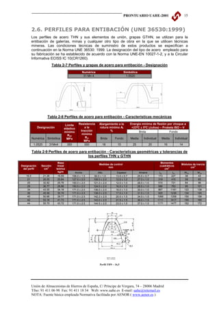 PRONTUARIO UAHE-2001                                  15



          2.6. PERFILES PARA ENTIBACIÓN (UNE 36530:1999)
          Los perfiles de acero THN y sus elementos de unión, grapas GTHN, se utilizan para la
          entibación de galerías, minas y cualquier otro tipo de obra en la que se utilicen técnicas
          mineras. Las condiciones técnicas de suministro de estos productos se especifican a
          continuación en la Norma UNE 36530: 1999. La designación del tipo de acero empleado para
          su fabricación se ha establecido de acuerdo con la Norma UNE-EN 10027-1-2, y a la Circular
          Informativa ECISS IC 10(CR1260).
                            Tabla 2-7 Perfiles y grapas de acero para entibación - Designación
                                                       Numérica                         Simbólica
                                                        31 Mn 4                           1.0520




                       Tabla 2-8 Perfiles de acero para entibación - Características mecánicas

                                        Límite      Resistencia   Alargamiento a la           Energía mínima de flexión por choque a
              Designación              elástico         a la      rotura mínimo At             +23ºC ± 5ºC (Julios) – Probeta ISO – V
                                       mínimo        tracción            %                          Brida                 Fondo
                                         ReH          mínima
          Numérica     Simbólica         MPa            Rm         Brida        Fondo         Media      Individual      Media     Individual
                                                       MPa
           1.0520       31Mn4            350            550          18           15           25            20            16           14

          Tabla 2-9 Perfiles de acero para entibación - Características geométricas y tolerancias de
                                           los perfiles THN y GTHN
                               Masa                                                                                      Momentos
                                                                  Medidas de control                                                     Módulos de inercia
Designación     Sección        lineal                                                                                   cuadráticos
                                                                        mm                                                                     cm3
 del perfil       cm2         teórica                                                                                      cm4
                               kg/m              Ancho           Alto             Espesor            Amarre            Ixx        Iyy        W xx    W yy
   16.5             21.26      16.69           106.0 ± 1.5    90.0 ± 1.5         13.0 ± 0.7         25.5 ± 0.7        173        227         38      43
    21              26.55      20.84           127.0 ± 2.0    108.0 ± 2.0        12.0 ± 1.0         27.0 ± 1.0        319        415         59      65
    25              32.82      25.76           150.0 ± 2.0    121.0 ± 2.0        12.0 ± 1.0         28.5 ± 1.0        510        721         84      96
    29              36.77      28.86           150.5 ± 2.0    124.0 ± 2.0        16.0 ± 1.0         28.5 ± 1.0        586        763         95      101
    34              43.55      34.18           171.0 ± 2.0    136.0 ± 2.0        16.0 ± 1.0         30.0 ± 1.0        867        1181        122     138
    36              45.56      35.76           171.0 ± 2.5    138.0 ± 2.5        17.0 ± 1.5         31.5 ± 1.5        925        1236        134     145
    40              50.66      39.77           171.0 ± 2.5    142.2 ± 2.5        20.0 ± 1.5         34.5 ± 1.5        1066       1358        150     158
    42              53.16      41.73           171.0 ± 2.5    143.0 ± 2.5        21.5 ± 1.5         36.0 ± 1.5        1111       1417        155     165
    44              55.70      43.72           171.0 ± 2.5    144.5 ± 2.5        23.0 ± 1.5         37.5 ± 1.5        1171       1477        162     172




                                                                   Perfil THN – 16,5




          Unión de Almacenistas de Hierros de España, C/ Príncipe de Vergara, 74 – 28006 Madrid
          Tfno: 91 411 06 98 Fax: 91 411 18 34 Web: www.uahe.es E-mail: uahe@retemail.es
          NOTA: Fuente básica empleada Normativa facilitada por AENOR ( www.aenor.es )
 