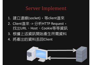 Server Implement
1. 建立連線(socket)，等client進來
2. Client進來 -> 分析HTTP Request，
   找出URL、Host、Cookie等等資訊
3. 根據上述資訊開始產生所需資料
4. 將產出的資料丟回Client
 