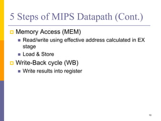 5 Steps of MIPS Datapath (Cont.)
 Memory Access (MEM)
 Read/write using effective address calculated in EX
stage
 Load & Store
 Write-Back cycle (WB)
 Write results into register
10
 
