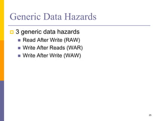 Generic Data Hazards
 3 generic data hazards
 Read After Write (RAW)
 Write After Reads (WAR)
 Write After Write (WAW)
25
 