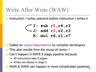 Write After Write (WAW)
 Instruction J writes operand before Instruction I writes it
 Called an output dependence by compiler developers
 This also results from the reuse of name r1
 Can’t happen in MIPS 5 stage pipeline because
 All instructions take 5 stages
 Writes are always in stage 5
 WAR & WAW can happen in more complicated pipelines
28
 