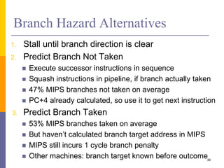 Branch Hazard Alternatives
1. Stall until branch direction is clear
2. Predict Branch Not Taken
 Execute successor instructions in sequence
 Squash instructions in pipeline, if branch actually taken
 47% MIPS branches not taken on average
 PC+4 already calculated, so use it to get next instruction
3. Predict Branch Taken
 53% MIPS branches taken on average
 But haven’t calculated branch target address in MIPS
 MIPS still incurs 1 cycle branch penalty
 Other machines: branch target known before outcome39
 