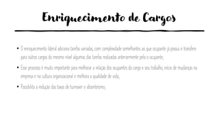 Enriquecimento de Cargos
• O enriquecimento lateral adiciona tarefas variadas, com complexidade semelhantes ao que ocupante já possui e transfere
para outros cargos do mesmo nível algumas das tarefas realizadas anteriormente pelo o ocupante;
• Esse processo é muito importante para melhorar a relação dos ocupantes do cargo e seu trabalho, início de mudanças na
empresa e na cultura organizacional e melhora a qualidade de vida;
• Possibilita a redução das taxas de turnover e absenteísmo;
 
