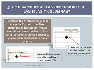 Nieves Llorente – UNLaR 
10 
¿CÓMO CAMBIAMOS LAS DIMENSIONES DE LAS FILAS Y COLUMNAS? 
Puntero del mouse que permite modificar el ancho de una columna. 
Puntero del mouse que permite modificar el alto de una fila. 
Posicionando el mouse en la línea de separación entre dos filas o columnas, el puntero del mouse cambia su forma. Haciendo clic y arrastrando en el sentido deseado, puede redimensionarse la fila o columna.  