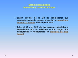 MITOS O REALIDADES
Absentismo y consumo de drogas
• Según estudios de la OIT los trabajadores que
consumen alcohol y drogas presentan un absentismo
laboral 2 a 3 veces mayor que el resto
• Entre el 60 y el 70% de las personas admitidas a
tratamientos por su adicción a las drogas son
trabajadores y trabajadoras en situación de baja
laboral.
 