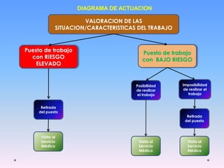 DIAGRAMA DE ACTUACION
Puesto de trabajo
con RIESGO
ELEVADO
Posibilidad
de realizar
el trabajo
VALORACION DE LAS
SITUACION/CARACTERISTICAS DEL TRABAJO
Puesto de trabajo
con BAJO RIESGO
Imposibilidad
de realizar el
trabajo
Retirada
del puesto
Visita al
Servicio
Médico
Retirada
del puesto
Visita al
Servicio
Médico
Visita al
Servicio
Médico
 