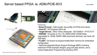 20
Server based FPGA: ie. ADM-PCIE-8V3
Features
• Board Format : Half-Length, low profile x16 PCIe form factor
• Host I/F : PCI Express Gen3 x8
• Target Device : Xilinx Virtex Ultrascale : XCVU095-2 - FFVC1517
• SDRAM : 2x banks of 1G x 72, DDR4-2400 (16GiB total),
upgradable to 16GiB, DDR4-1866 (dual bank devices), per bank (32
GiB total)
• FLASH : On-board re-programmable flash memory for embedded
configuration
• Optional integrated Board Support Package (BSP) including
extensive FPGA example designs, plug and play drivers, and a
mature Application Programming Interface (API)
Cognitive Systems Europe / August 31 / © 2018 IBM Corporation
 