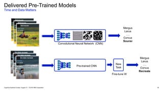 Delivered Pre-Trained Models
Time and Data Matters
52
Convolutional Neural Network (CNN)
Pre-trained CNN
New
Task
Fine-tune W
Mergus
Larus
….
Corvus
Sourav
Mergus
Larus
….
Corvus
Recreate
Cognitive Systems Europe / August 31 / © 2018 IBM Corporation
 