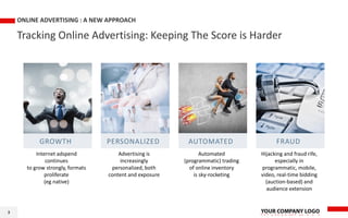 Tracking Online Advertising: Keeping The Score is Harder
ONLINE ADVERTISING : A NEW APPROACH
3
GROWTH PERSONALIZED AUTOMATED FRAUD
Internet adspend
continues
to grow strongly, formats
proliferate
(eg native)
Advertising is
increasingly
personalized, both
content and exposure
Automated
(programmatic) trading
of online inventory
is sky-rocketing
Hijacking and fraud rife,
especially in
programmatic, mobile,
video, real-time bidding
(auction-based) and
audience extension
 