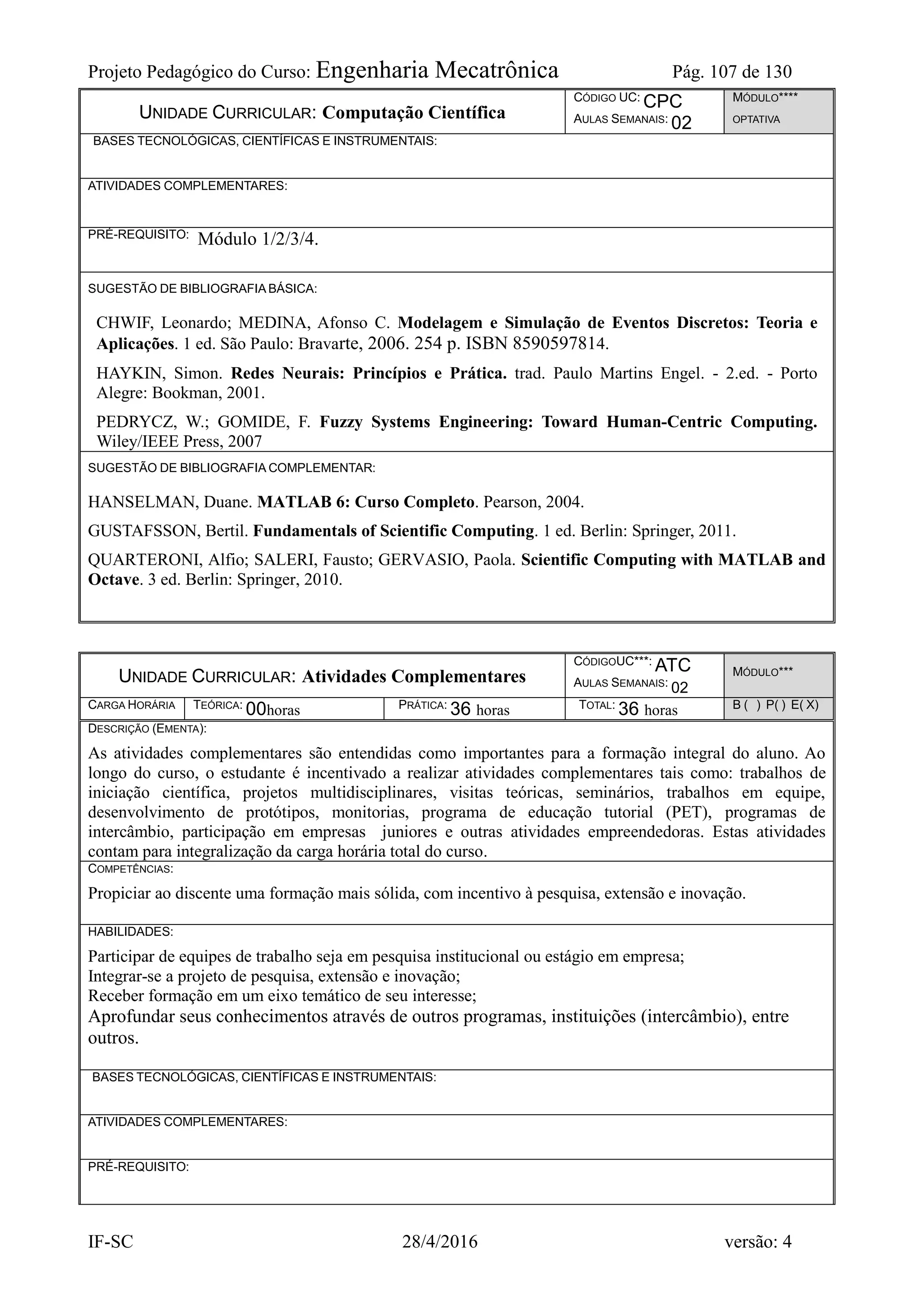 Projeto Pedagógico do Curso: Engenharia Mecatrônica Pág. 107 de 130
IF-SC 28/4/2016 versão: 4
UNIDADE CURRICULAR: Computação Científica
CÓDIGO UC: CPC
AULAS SEMANAIS: 02
MÓDULO****
OPTATIVA
BASES TECNOLÓGICAS, CIENTÍFICAS E INSTRUMENTAIS:
ATIVIDADES COMPLEMENTARES:
PRÉ-REQUISITO: Módulo 1/2/3/4.
SUGESTÃO DE BIBLIOGRAFIA BÁSICA:
CHWIF, Leonardo; MEDINA, Afonso C. Modelagem e Simulação de Eventos Discretos: Teoria e
Aplicações. 1 ed. São Paulo: Bravarte, 2006. 254 p. ISBN 8590597814.
HAYKIN, Simon. Redes Neurais: Princípios e Prática. trad. Paulo Martins Engel. - 2.ed. - Porto
Alegre: Bookman, 2001.
PEDRYCZ, W.; GOMIDE, F. Fuzzy Systems Engineering: Toward Human-Centric Computing.
Wiley/IEEE Press, 2007
SUGESTÃO DE BIBLIOGRAFIA COMPLEMENTAR:
HANSELMAN, Duane. MATLAB 6: Curso Completo. Pearson, 2004.
GUSTAFSSON, Bertil. Fundamentals of Scientific Computing. 1 ed. Berlin: Springer, 2011.
QUARTERONI, Alfio; SALERI, Fausto; GERVASIO, Paola. Scientific Computing with MATLAB and
Octave. 3 ed. Berlin: Springer, 2010.
UNIDADE CURRICULAR: Atividades Complementares
CÓDIGOUC***: ATC
AULAS SEMANAIS: 02
MÓDULO***
CARGA HORÁRIA TEÓRICA: 00horas PRÁTICA: 36 horas TOTAL: 36 horas B ( ) P( ) E( X)
DESCRIÇÃO (EMENTA):
As atividades complementares são entendidas como importantes para a formação integral do aluno. Ao
longo do curso, o estudante é incentivado a realizar atividades complementares tais como: trabalhos de
iniciação científica, projetos multidisciplinares, visitas teóricas, seminários, trabalhos em equipe,
desenvolvimento de protótipos, monitorias, programa de educação tutorial (PET), programas de
intercâmbio, participação em empresas juniores e outras atividades empreendedoras. Estas atividades
contam para integralização da carga horária total do curso.
COMPETÊNCIAS:
Propiciar ao discente uma formação mais sólida, com incentivo à pesquisa, extensão e inovação.
HABILIDADES:
Participar de equipes de trabalho seja em pesquisa institucional ou estágio em empresa;
Integrar-se a projeto de pesquisa, extensão e inovação;
Receber formação em um eixo temático de seu interesse;
Aprofundar seus conhecimentos através de outros programas, instituições (intercâmbio), entre
outros.
BASES TECNOLÓGICAS, CIENTÍFICAS E INSTRUMENTAIS:
ATIVIDADES COMPLEMENTARES:
PRÉ-REQUISITO:
 