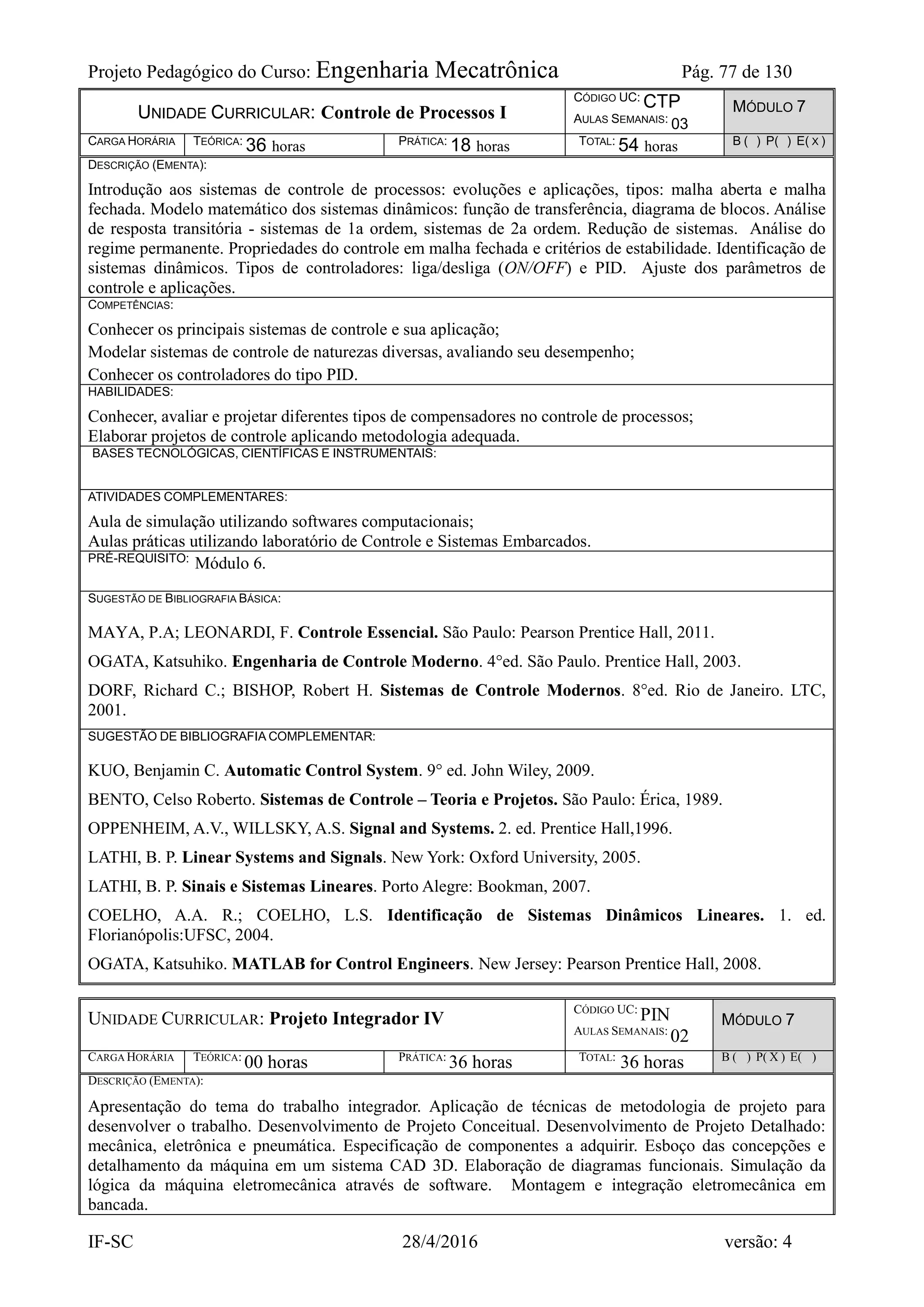 Projeto Pedagógico do Curso: Engenharia Mecatrônica Pág. 77 de 130
IF-SC 28/4/2016 versão: 4
UNIDADE CURRICULAR: Controle de Processos I
CÓDIGO UC: CTP
AULAS SEMANAIS: 03
MÓDULO 7
CARGA HORÁRIA TEÓRICA: 36 horas PRÁTICA: 18 horas TOTAL: 54 horas B ( ) P( ) E( X )
DESCRIÇÃO (EMENTA):
Introdução aos sistemas de controle de processos: evoluções e aplicações, tipos: malha aberta e malha
fechada. Modelo matemático dos sistemas dinâmicos: função de transferência, diagrama de blocos. Análise
de resposta transitória - sistemas de 1a ordem, sistemas de 2a ordem. Redução de sistemas. Análise do
regime permanente. Propriedades do controle em malha fechada e critérios de estabilidade. Identificação de
sistemas dinâmicos. Tipos de controladores: liga/desliga (ON/OFF) e PID. Ajuste dos parâmetros de
controle e aplicações.
COMPETÊNCIAS:
Conhecer os principais sistemas de controle e sua aplicação;
Modelar sistemas de controle de naturezas diversas, avaliando seu desempenho;
Conhecer os controladores do tipo PID.
HABILIDADES:
Conhecer, avaliar e projetar diferentes tipos de compensadores no controle de processos;
Elaborar projetos de controle aplicando metodologia adequada.
BASES TECNOLÓGICAS, CIENTÍFICAS E INSTRUMENTAIS:
ATIVIDADES COMPLEMENTARES:
Aula de simulação utilizando softwares computacionais;
Aulas práticas utilizando laboratório de Controle e Sistemas Embarcados.
PRÉ-REQUISITO: Módulo 6.
SUGESTÃO DE BIBLIOGRAFIA BÁSICA:
MAYA, P.A; LEONARDI, F. Controle Essencial. São Paulo: Pearson Prentice Hall, 2011.
OGATA, Katsuhiko. Engenharia de Controle Moderno. 4°ed. São Paulo. Prentice Hall, 2003.
DORF, Richard C.; BISHOP, Robert H. Sistemas de Controle Modernos. 8°ed. Rio de Janeiro. LTC,
2001.
SUGESTÃO DE BIBLIOGRAFIA COMPLEMENTAR:
KUO, Benjamin C. Automatic Control System. 9° ed. John Wiley, 2009.
BENTO, Celso Roberto. Sistemas de Controle – Teoria e Projetos. São Paulo: Érica, 1989.
OPPENHEIM, A.V., WILLSKY, A.S. Signal and Systems. 2. ed. Prentice Hall,1996.
LATHI, B. P. Linear Systems and Signals. New York: Oxford University, 2005.
LATHI, B. P. Sinais e Sistemas Lineares. Porto Alegre: Bookman, 2007.
COELHO, A.A. R.; COELHO, L.S. Identificação de Sistemas Dinâmicos Lineares. 1. ed.
Florianópolis:UFSC, 2004.
OGATA, Katsuhiko. MATLAB for Control Engineers. New Jersey: Pearson Prentice Hall, 2008.
UNIDADE CURRICULAR: Projeto Integrador IV
CÓDIGO UC:
PIN
AULAS SEMANAIS:
02
MÓDULO 7
CARGA HORÁRIA TEÓRICA:
00 horas PRÁTICA:
36 horas TOTAL:
36 horas B ( ) P( X ) E( )
DESCRIÇÃO (EMENTA):
Apresentação do tema do trabalho integrador. Aplicação de técnicas de metodologia de projeto para
desenvolver o trabalho. Desenvolvimento de Projeto Conceitual. Desenvolvimento de Projeto Detalhado:
mecânica, eletrônica e pneumática. Especificação de componentes a adquirir. Esboço das concepções e
detalhamento da máquina em um sistema CAD 3D. Elaboração de diagramas funcionais. Simulação da
lógica da máquina eletromecânica através de software. Montagem e integração eletromecânica em
bancada.
 
