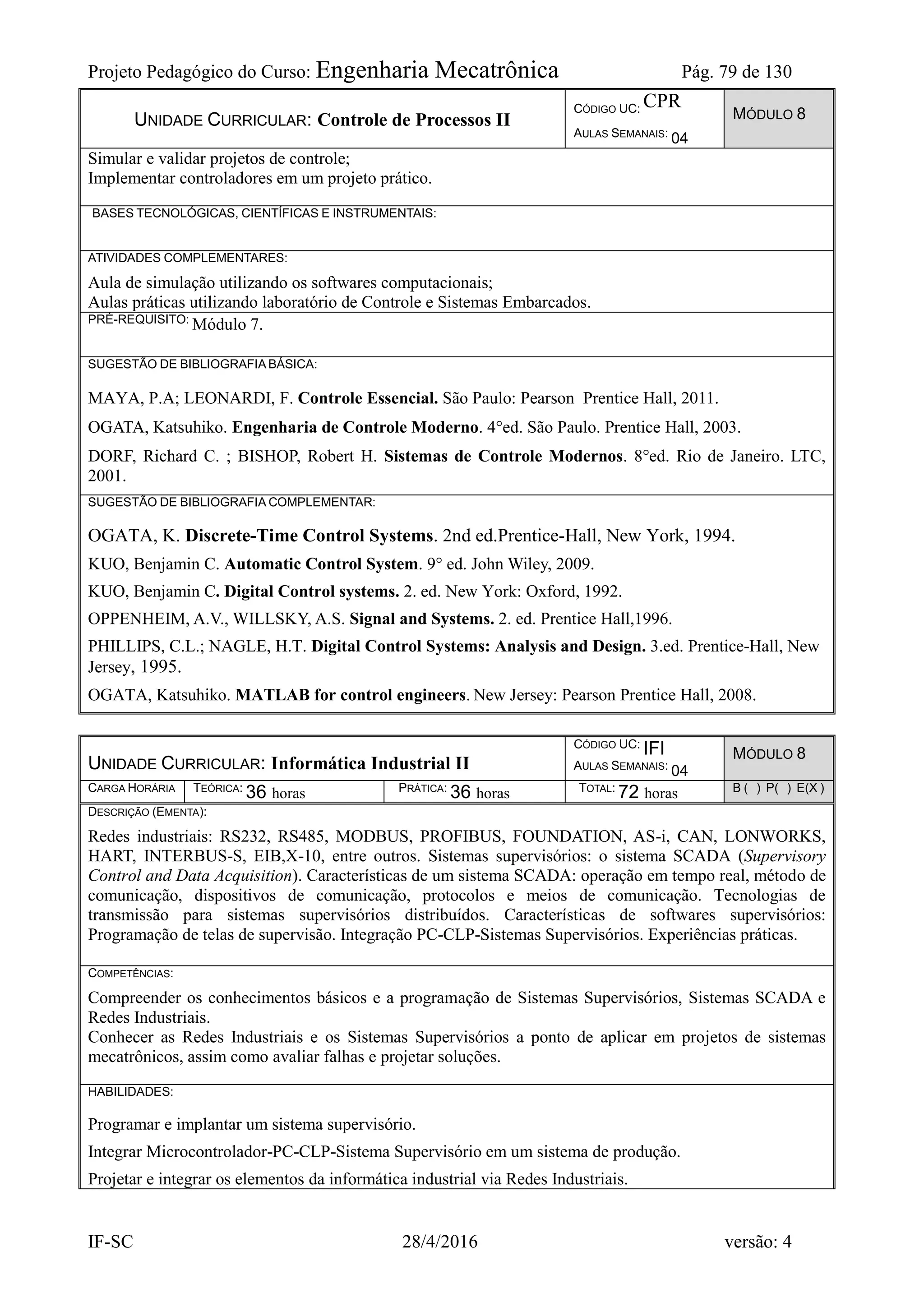 Projeto Pedagógico do Curso: Engenharia Mecatrônica Pág. 79 de 130
IF-SC 28/4/2016 versão: 4
UNIDADE CURRICULAR: Controle de Processos II
CÓDIGO UC: CPR
AULAS SEMANAIS: 04
MÓDULO 8
Simular e validar projetos de controle;
Implementar controladores em um projeto prático.
BASES TECNOLÓGICAS, CIENTÍFICAS E INSTRUMENTAIS:
ATIVIDADES COMPLEMENTARES:
Aula de simulação utilizando os softwares computacionais;
Aulas práticas utilizando laboratório de Controle e Sistemas Embarcados.
PRÉ-REQUISITO: Módulo 7.
SUGESTÃO DE BIBLIOGRAFIA BÁSICA:
MAYA, P.A; LEONARDI, F. Controle Essencial. São Paulo: Pearson Prentice Hall, 2011.
OGATA, Katsuhiko. Engenharia de Controle Moderno. 4°ed. São Paulo. Prentice Hall, 2003.
DORF, Richard C. ; BISHOP, Robert H. Sistemas de Controle Modernos. 8°ed. Rio de Janeiro. LTC,
2001.
SUGESTÃO DE BIBLIOGRAFIA COMPLEMENTAR:
OGATA, K. Discrete-Time Control Systems. 2nd ed.Prentice-Hall, New York, 1994.
KUO, Benjamin C. Automatic Control System. 9° ed. John Wiley, 2009.
KUO, Benjamin C. Digital Control systems. 2. ed. New York: Oxford, 1992.
OPPENHEIM, A.V., WILLSKY, A.S. Signal and Systems. 2. ed. Prentice Hall,1996.
PHILLIPS, C.L.; NAGLE, H.T. Digital Control Systems: Analysis and Design. 3.ed. Prentice-Hall, New
Jersey, 1995.
OGATA, Katsuhiko. MATLAB for control engineers. New Jersey: Pearson Prentice Hall, 2008.
UNIDADE CURRICULAR: Informática Industrial II
CÓDIGO UC: IFI
AULAS SEMANAIS: 04
MÓDULO 8
CARGA HORÁRIA TEÓRICA: 36 horas PRÁTICA: 36 horas TOTAL: 72 horas B ( ) P( ) E(X )
DESCRIÇÃO (EMENTA):
Redes industriais: RS232, RS485, MODBUS, PROFIBUS, FOUNDATION, AS-i, CAN, LONWORKS,
HART, INTERBUS-S, EIB,X-10, entre outros. Sistemas supervisórios: o sistema SCADA (Supervisory
Control and Data Acquisition). Características de um sistema SCADA: operação em tempo real, método de
comunicação, dispositivos de comunicação, protocolos e meios de comunicação. Tecnologias de
transmissão para sistemas supervisórios distribuídos. Características de softwares supervisórios:
Programação de telas de supervisão. Integração PC-CLP-Sistemas Supervisórios. Experiências práticas.
COMPETÊNCIAS:
Compreender os conhecimentos básicos e a programação de Sistemas Supervisórios, Sistemas SCADA e
Redes Industriais.
Conhecer as Redes Industriais e os Sistemas Supervisórios a ponto de aplicar em projetos de sistemas
mecatrônicos, assim como avaliar falhas e projetar soluções.
HABILIDADES:
Programar e implantar um sistema supervisório.
Integrar Microcontrolador-PC-CLP-Sistema Supervisório em um sistema de produção.
Projetar e integrar os elementos da informática industrial via Redes Industriais.
 